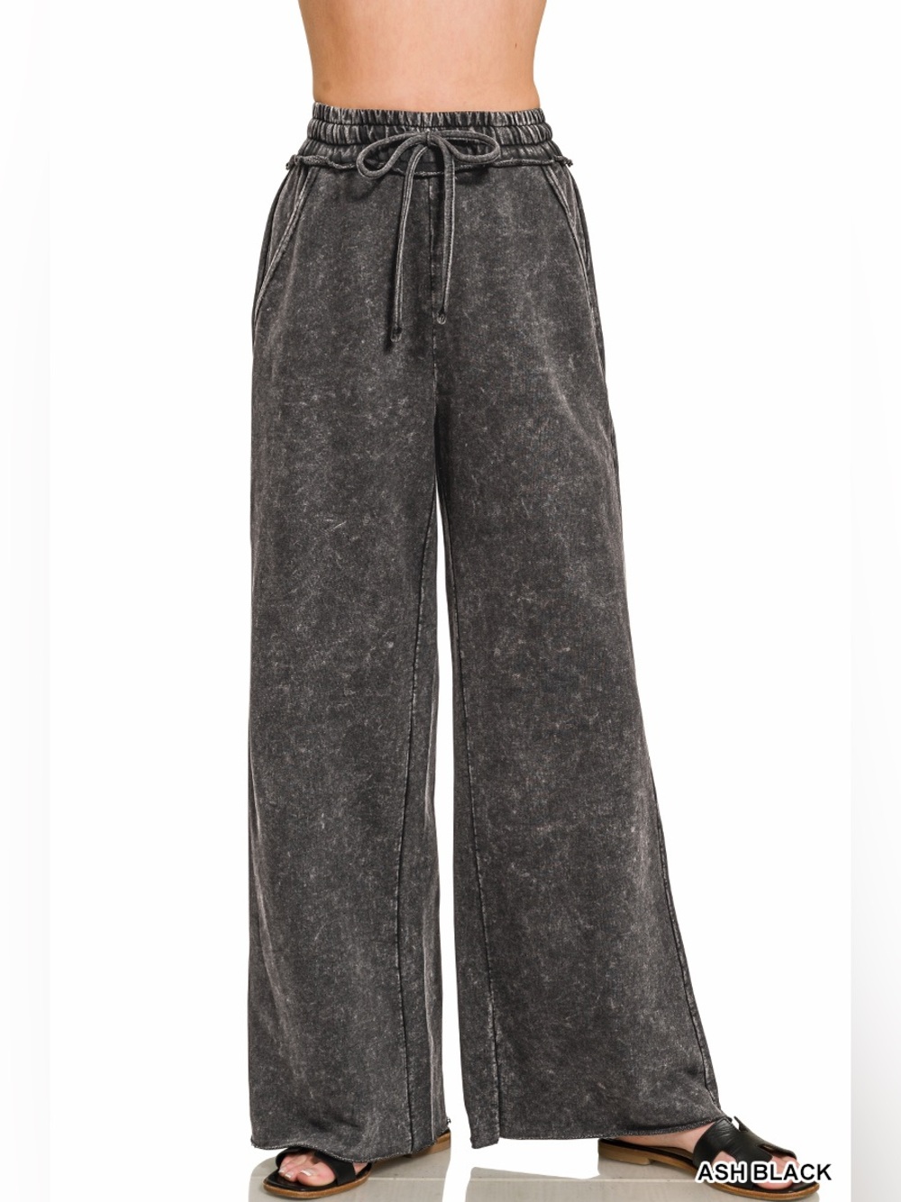 Zenana French Terry Wide Leg Ash Black Lounge Pants with Drawstring Waist